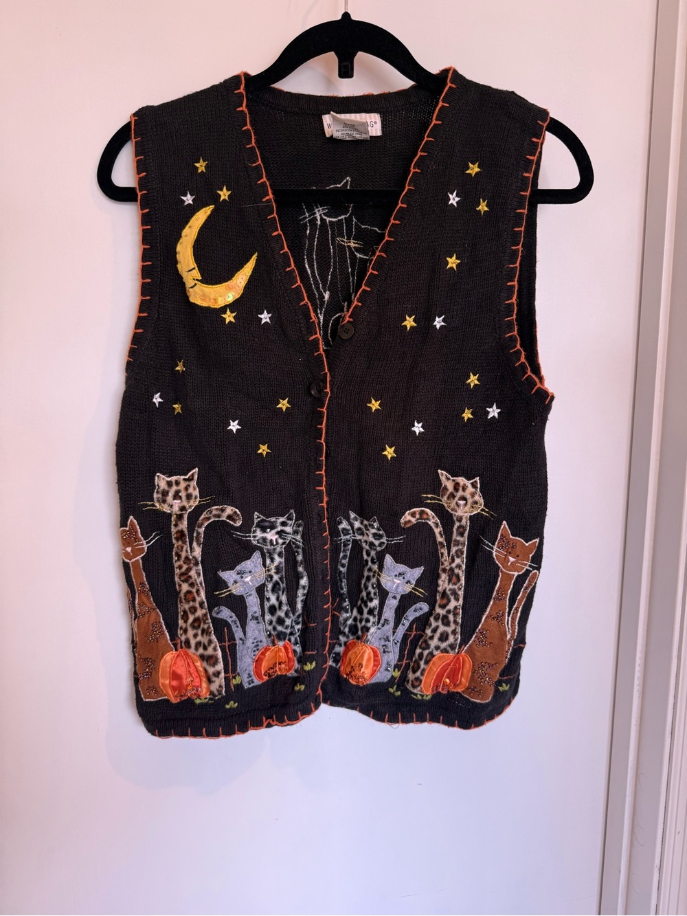 Vintage Black Halloween Cat Embroidered Sweater Vest
